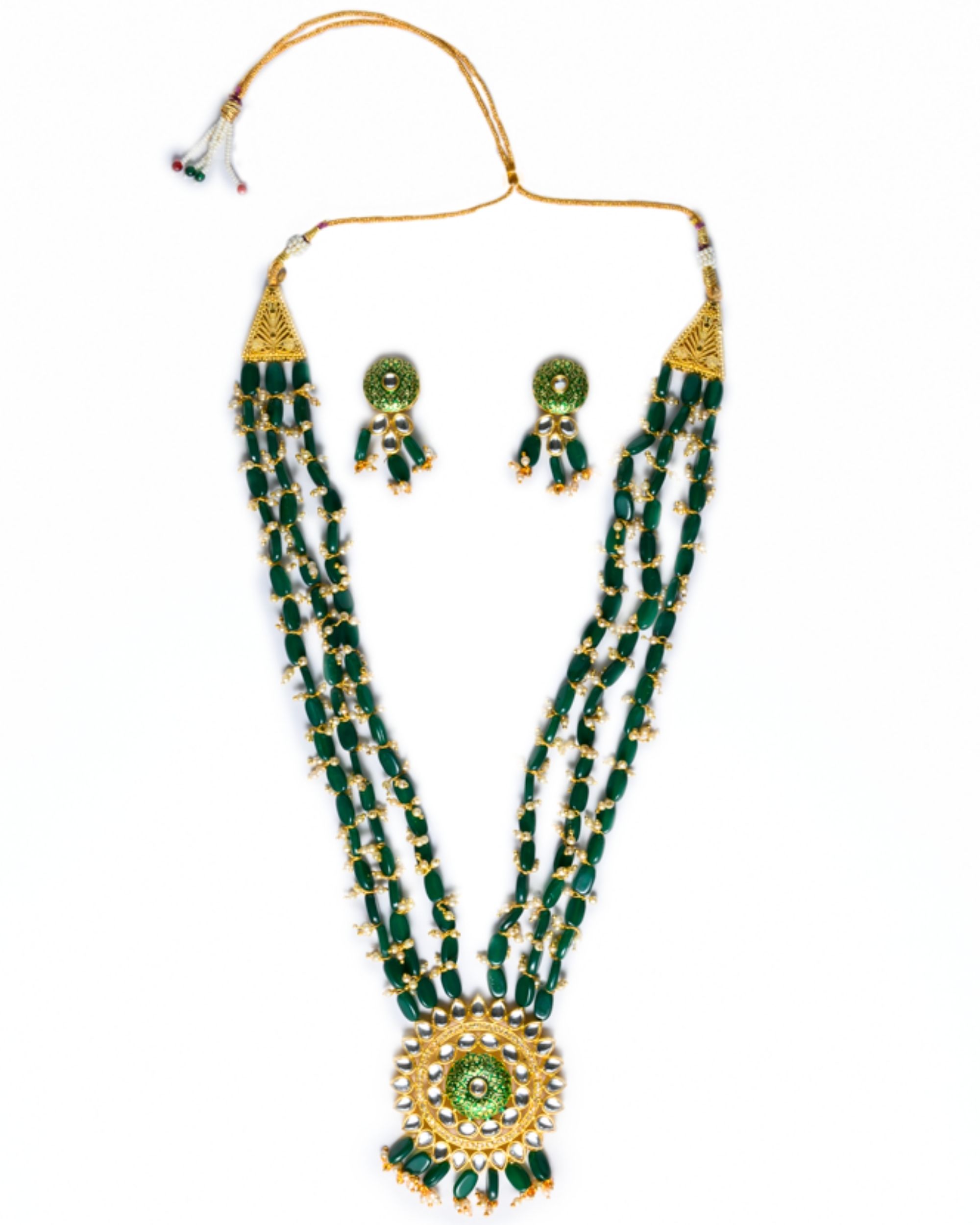 Zaiwar green drop kundan beaded nekpiece with earrings - set of two by ...