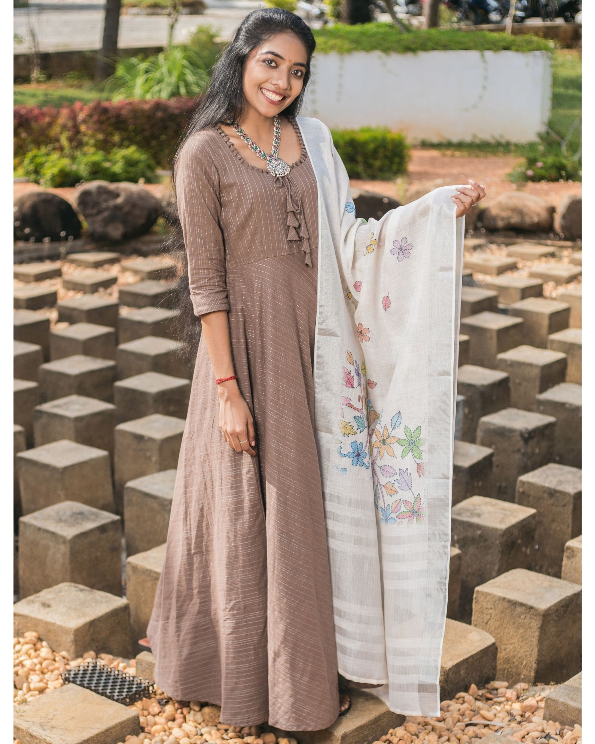 Light brown striped anarkali dress with dupatta - set of two by Niram ...