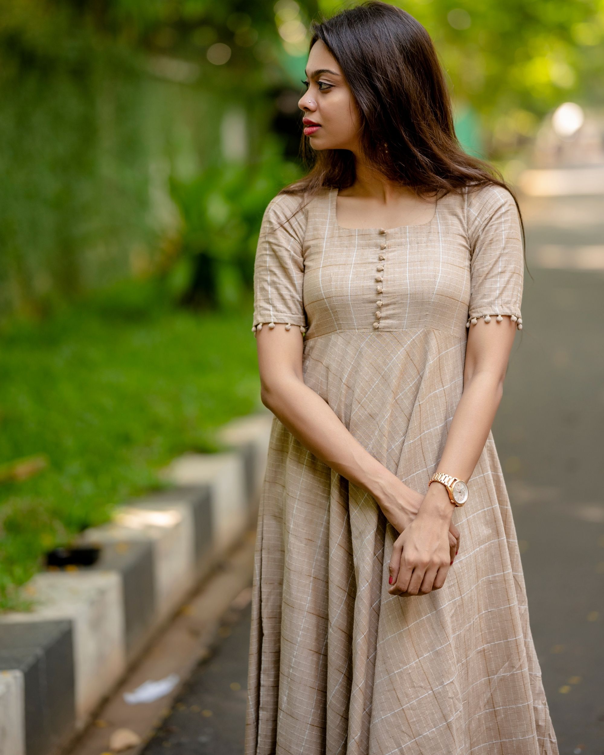 Beige checkered dress by Niram | The Secret Label