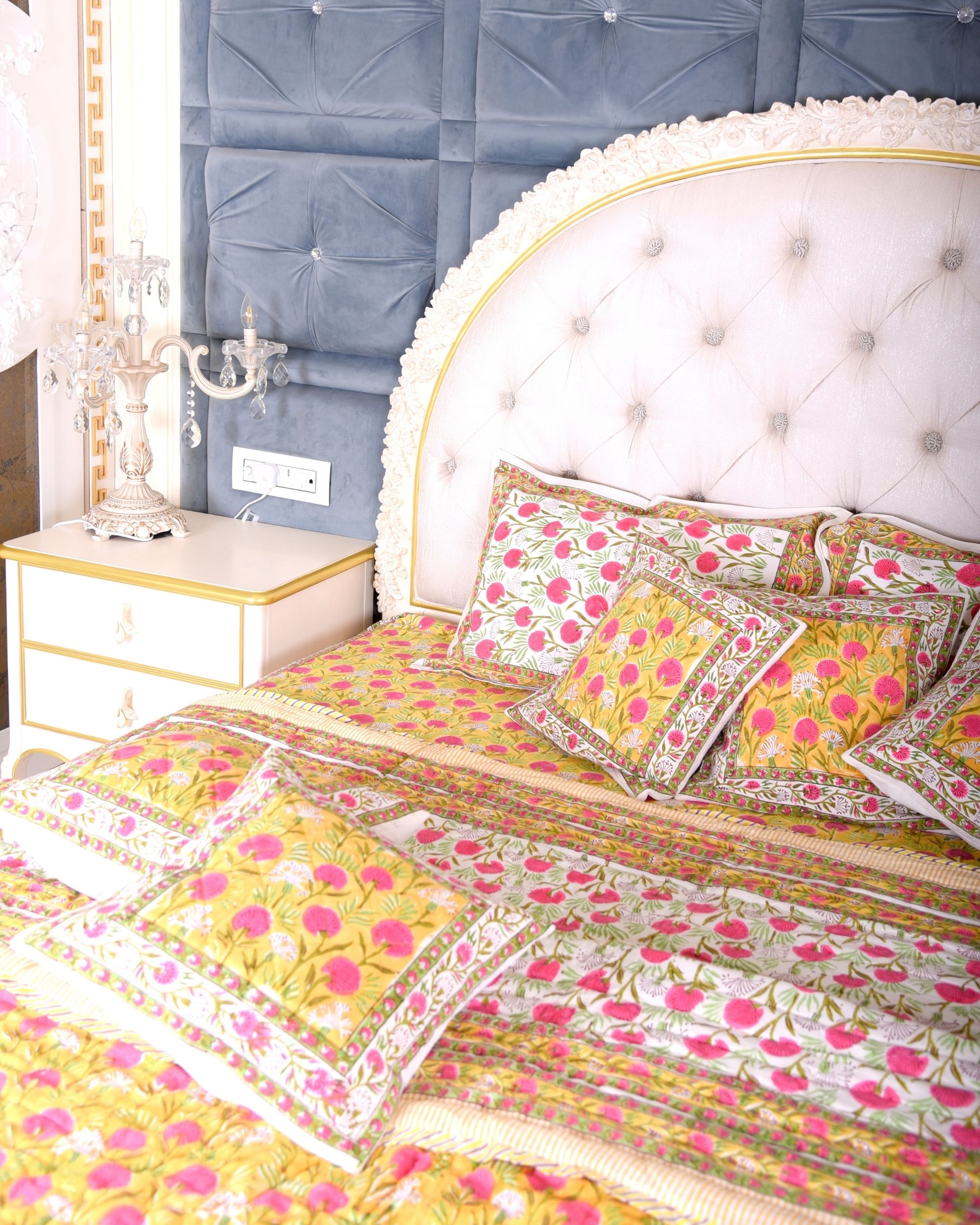 Yellow and pink floral single size bed sheet by Keva The Secret Label