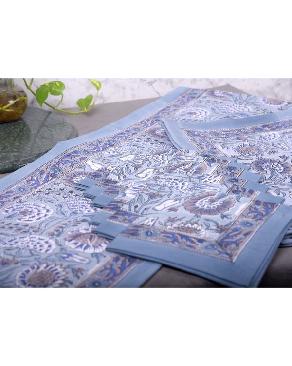 Blue marigold floral table runner, table mats and napkins - set of 13 1