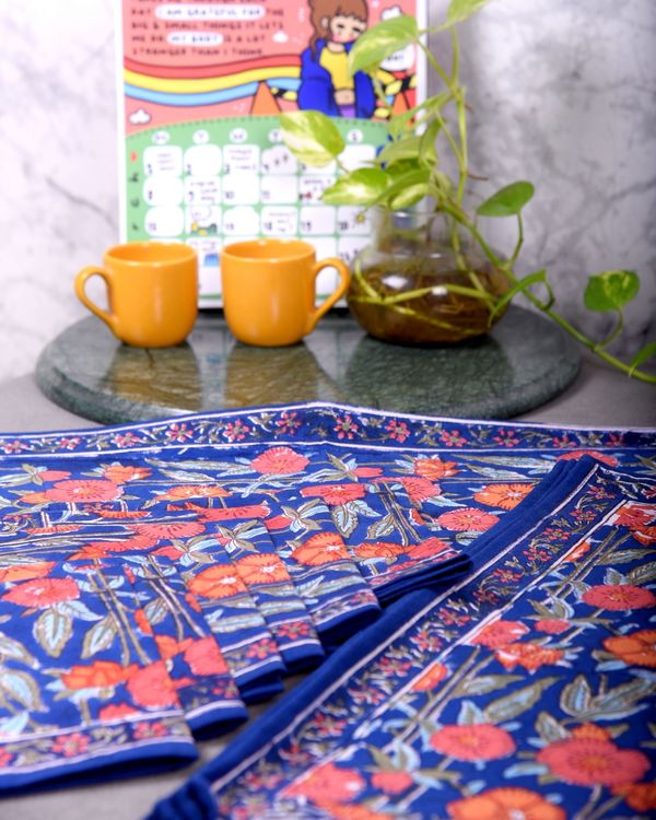 Blue and orange floral table runner, table mats and napkins set of 13