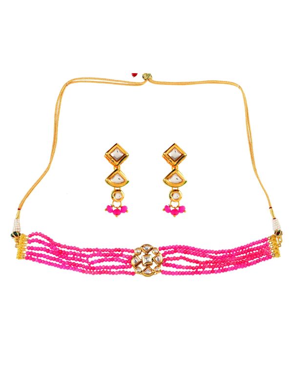 Pink kundan beaded choker neckpiece with earrings - set of two 1