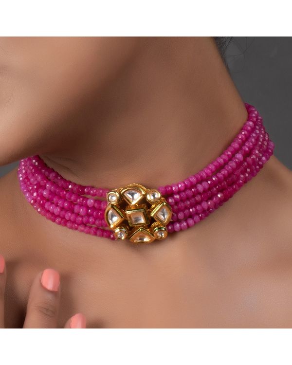 Pink kundan beaded choker neckpiece with earrings - set of two 2