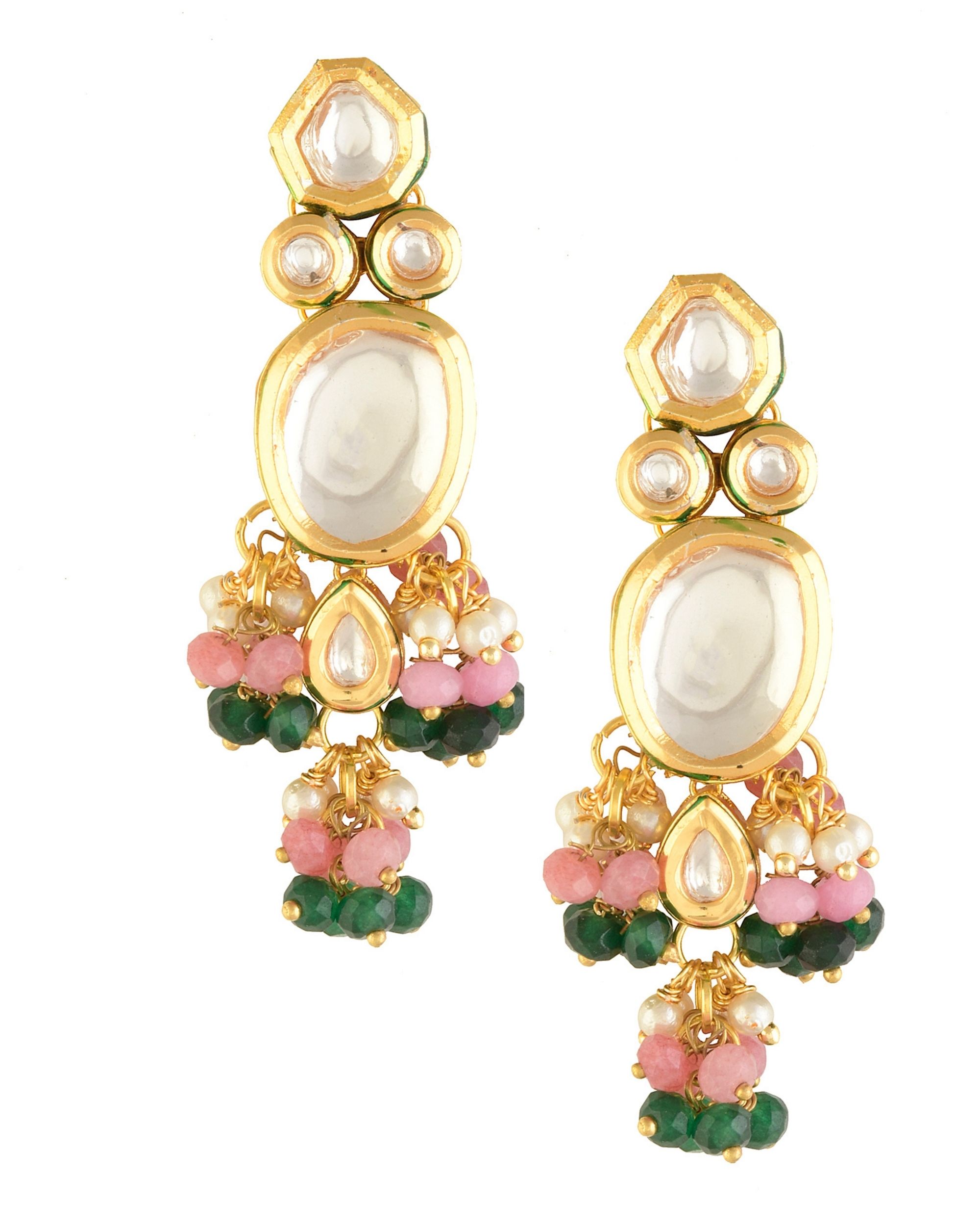 Pink and green kundan earrings by Femizen | The Secret Label