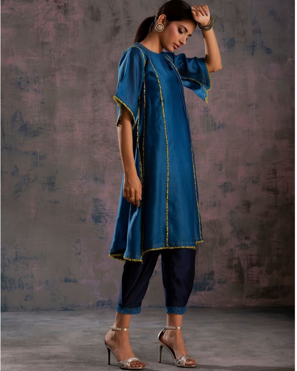Egyptian blue tie-up chanderi  kurta with side pleated salwar - set of two 2