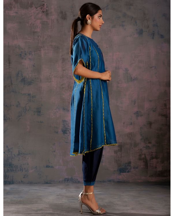 Egyptian blue tie-up chanderi  kurta with side pleated salwar - set of two 3