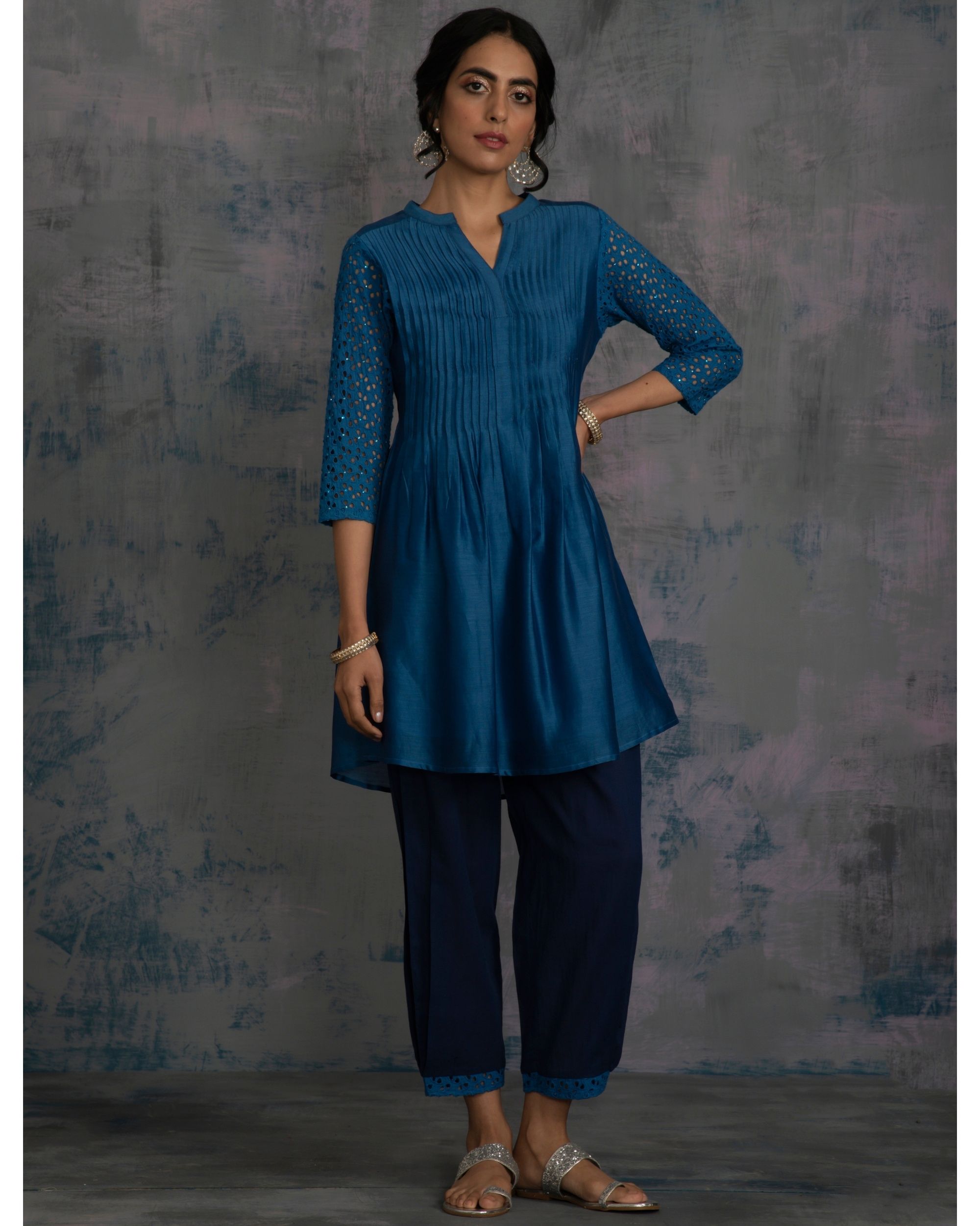 Blue pintuck short kurti with side pleated salwar and berry green ...