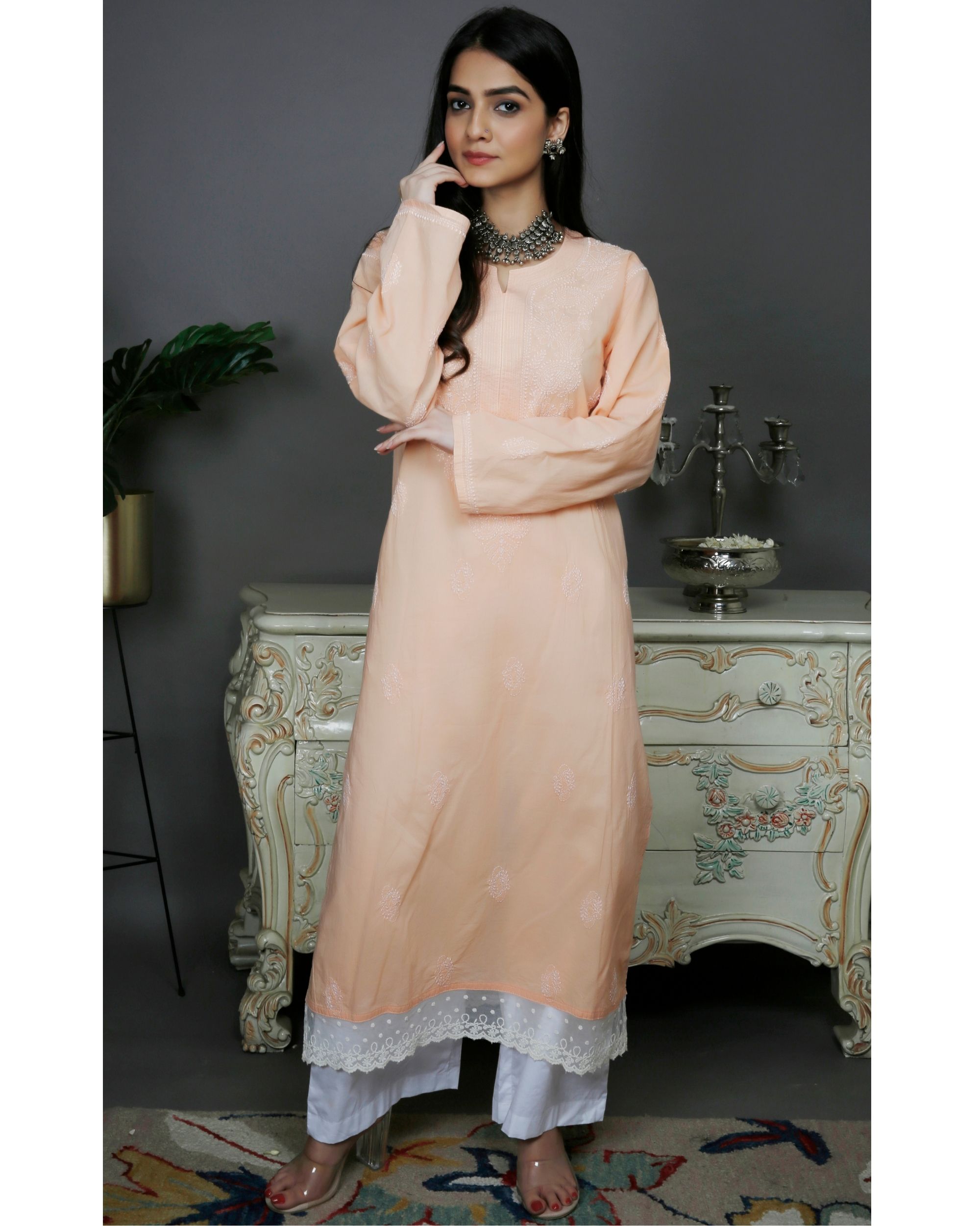 Peach chikankari cotton kurta with white palazzo- set of two by Label ...