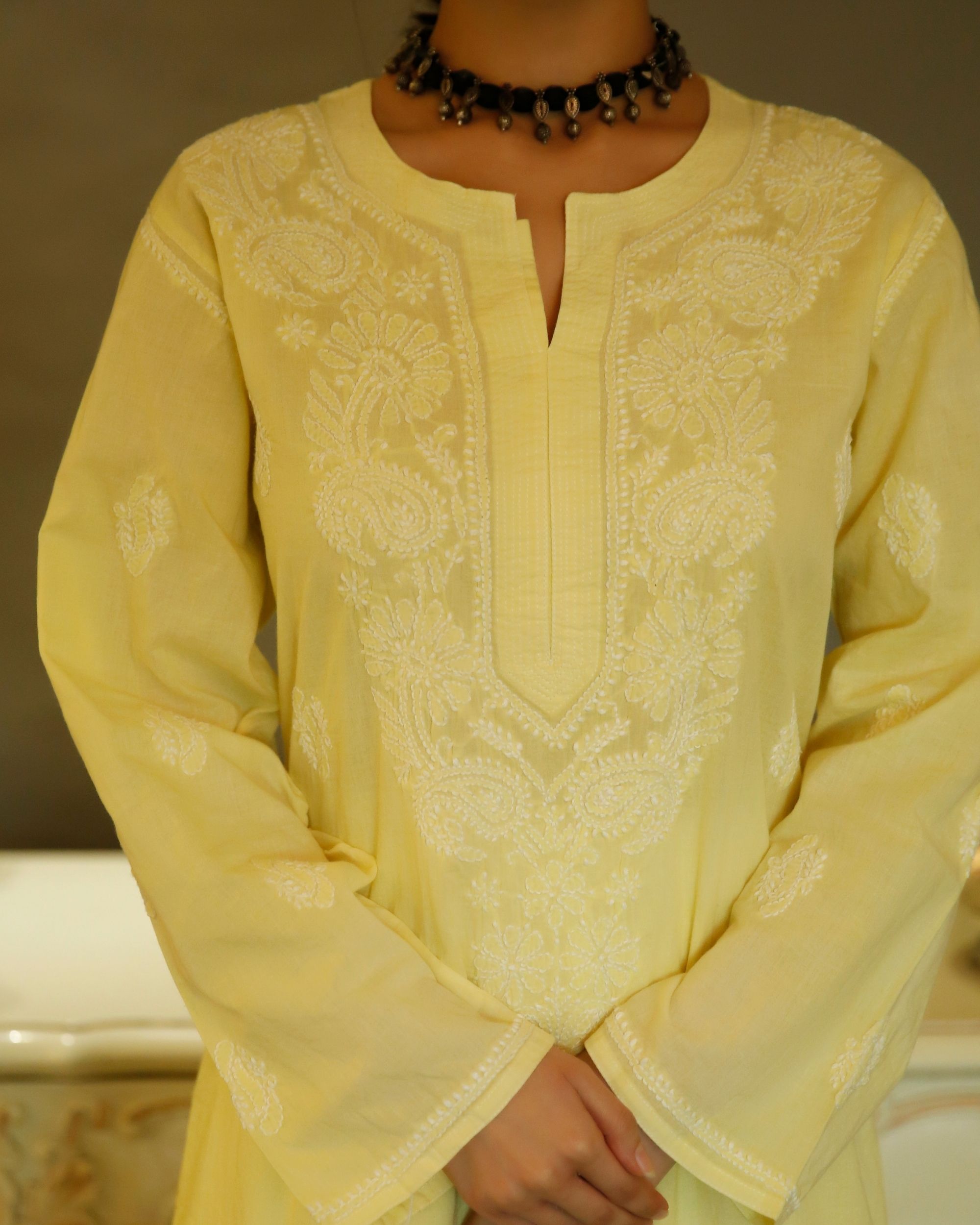 Yellow chikankari cotton kurta by Label Priya Chaudhary | The Secret Label