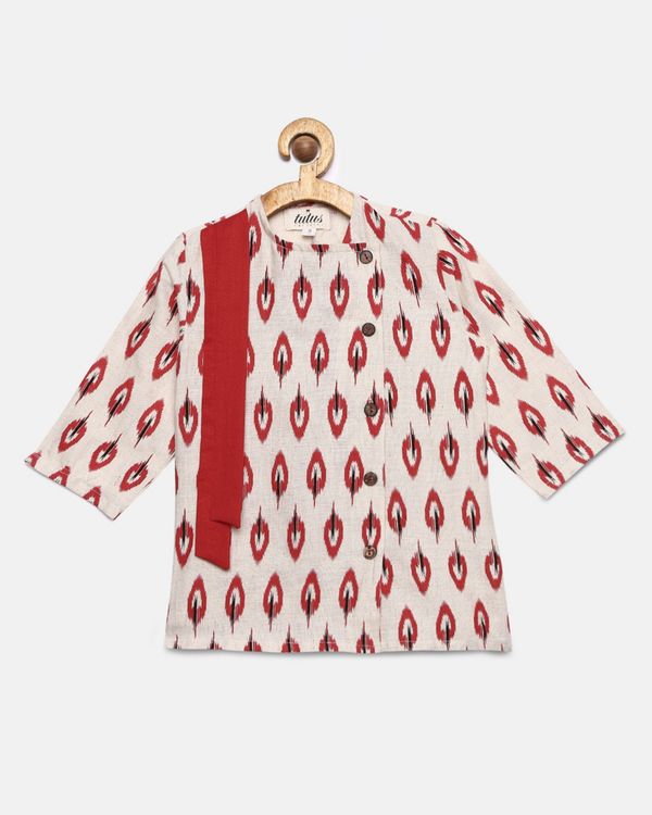 Red and cream asymmetric ikat printed kurta and pyjama - set of two 1