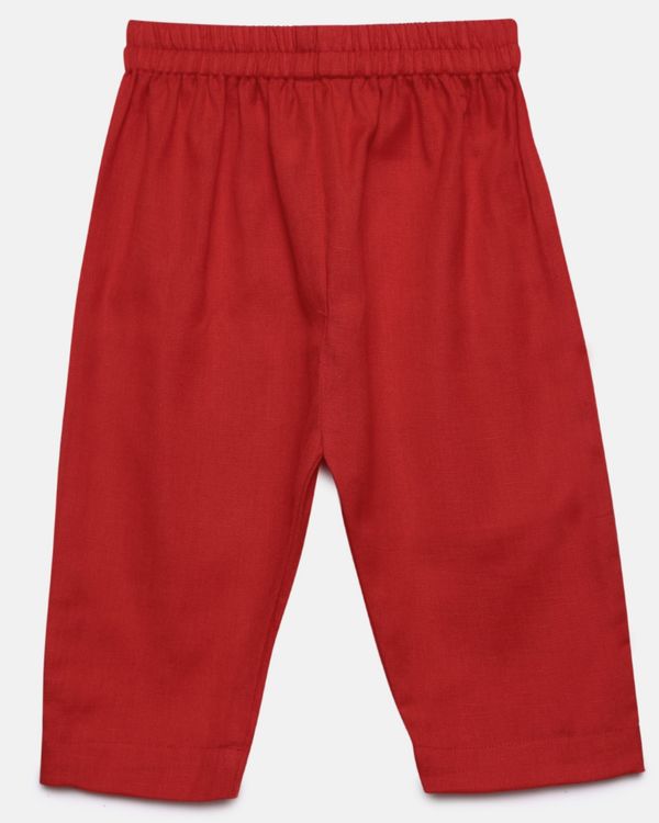 Red and cream asymmetric ikat printed kurta and pyjama - set of two 2