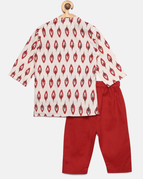 Red and cream asymmetric ikat printed kurta and pyjama - set of two 3