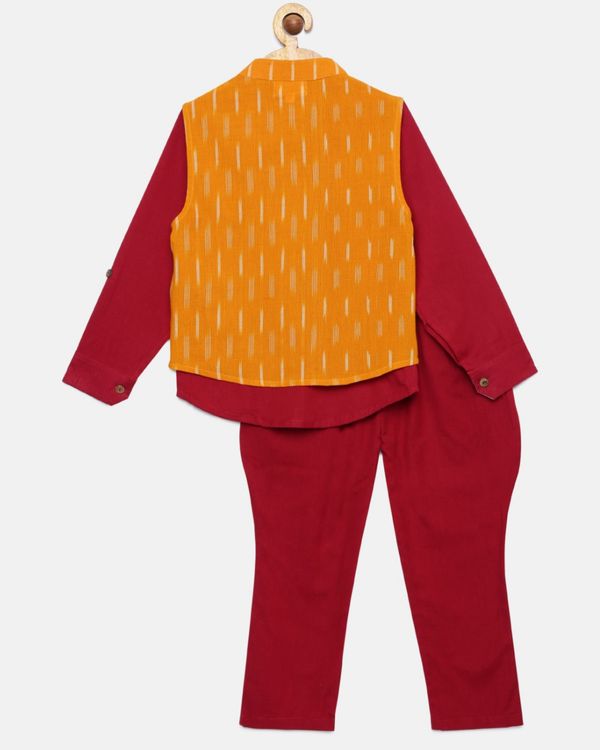 Red shirt with balloon pants and mustard ikat jacket - set of three 1