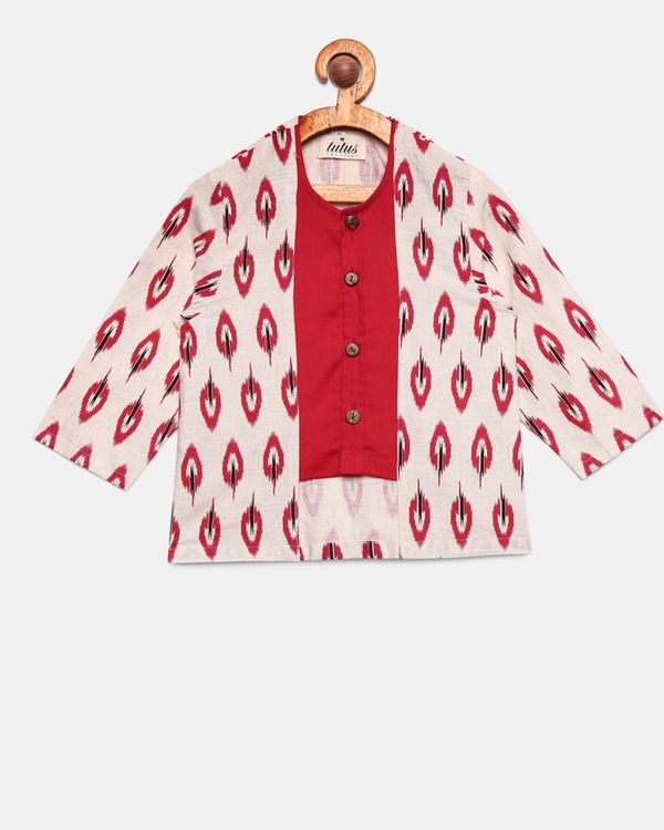 Red and cream ikat printed kurta and patiala pants - set of two 2