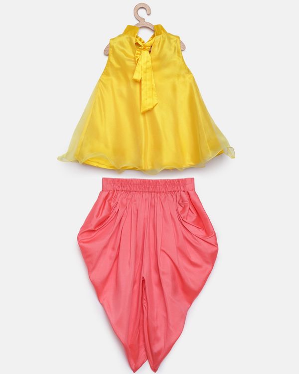 Yellow organza high neck sequined kurta and peach pink dhoti pants - set of two 1