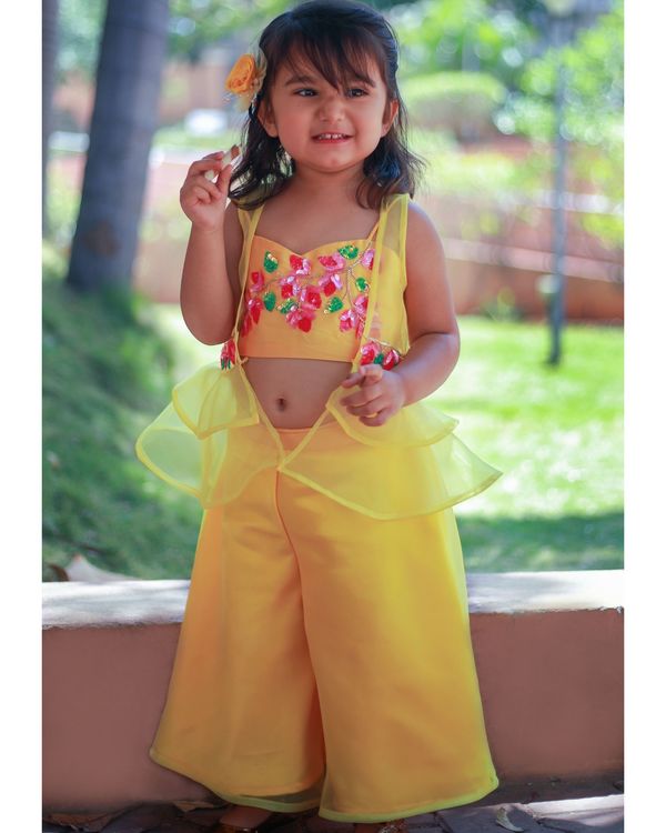 Bougain villea yellow sequined crop top and palazzo with organza jacket - set of three 1