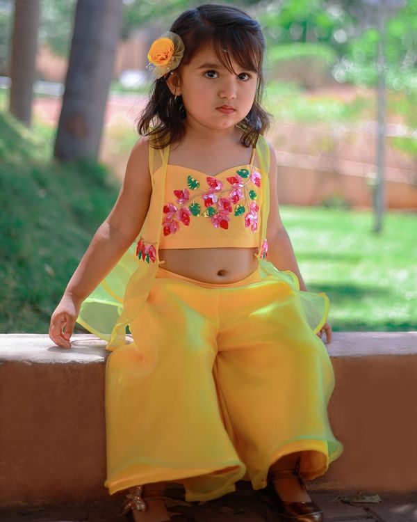 Bougain villea yellow sequined crop top and palazzo with organza jacket - set of three 2
