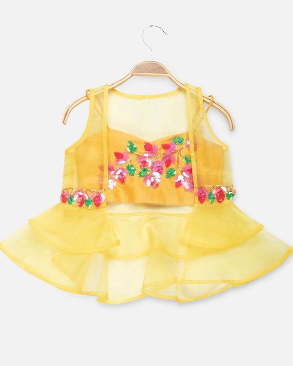 Bougain villea yellow sequined crop top and palazzo with organza jacket - set of three 3