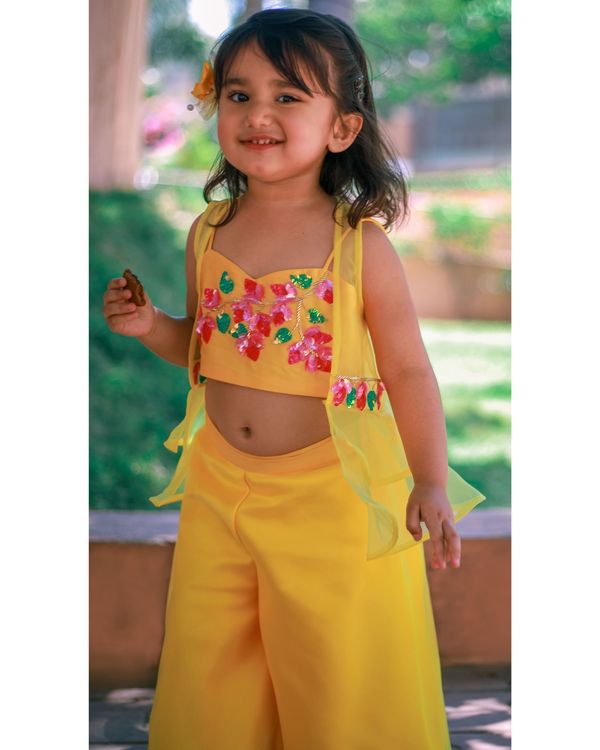 Bougain villea yellow sequined crop top and palazzo with organza jacket - set of three 6