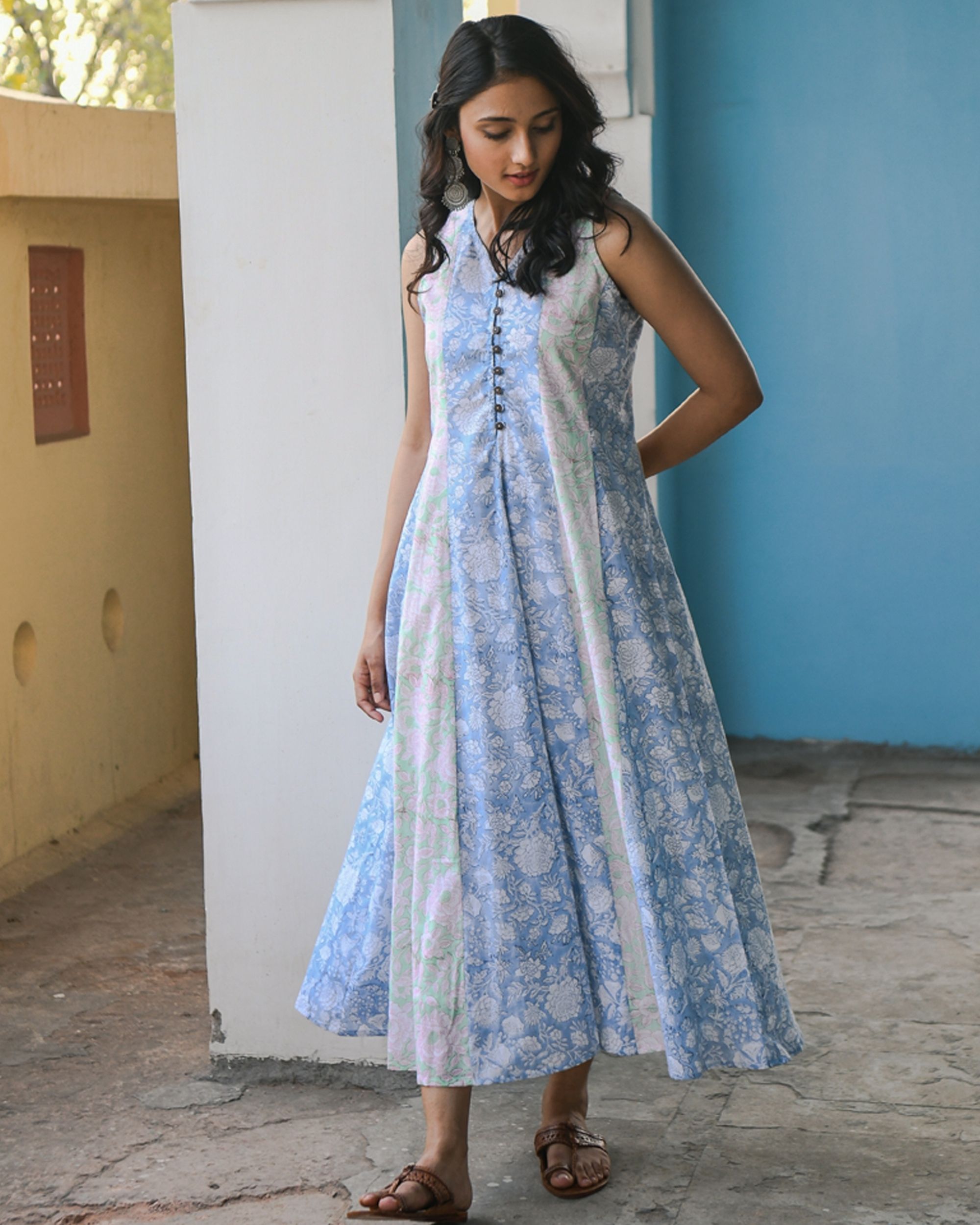 Blue and white floral paneled maxi dress by Gulaal | The Secret Label