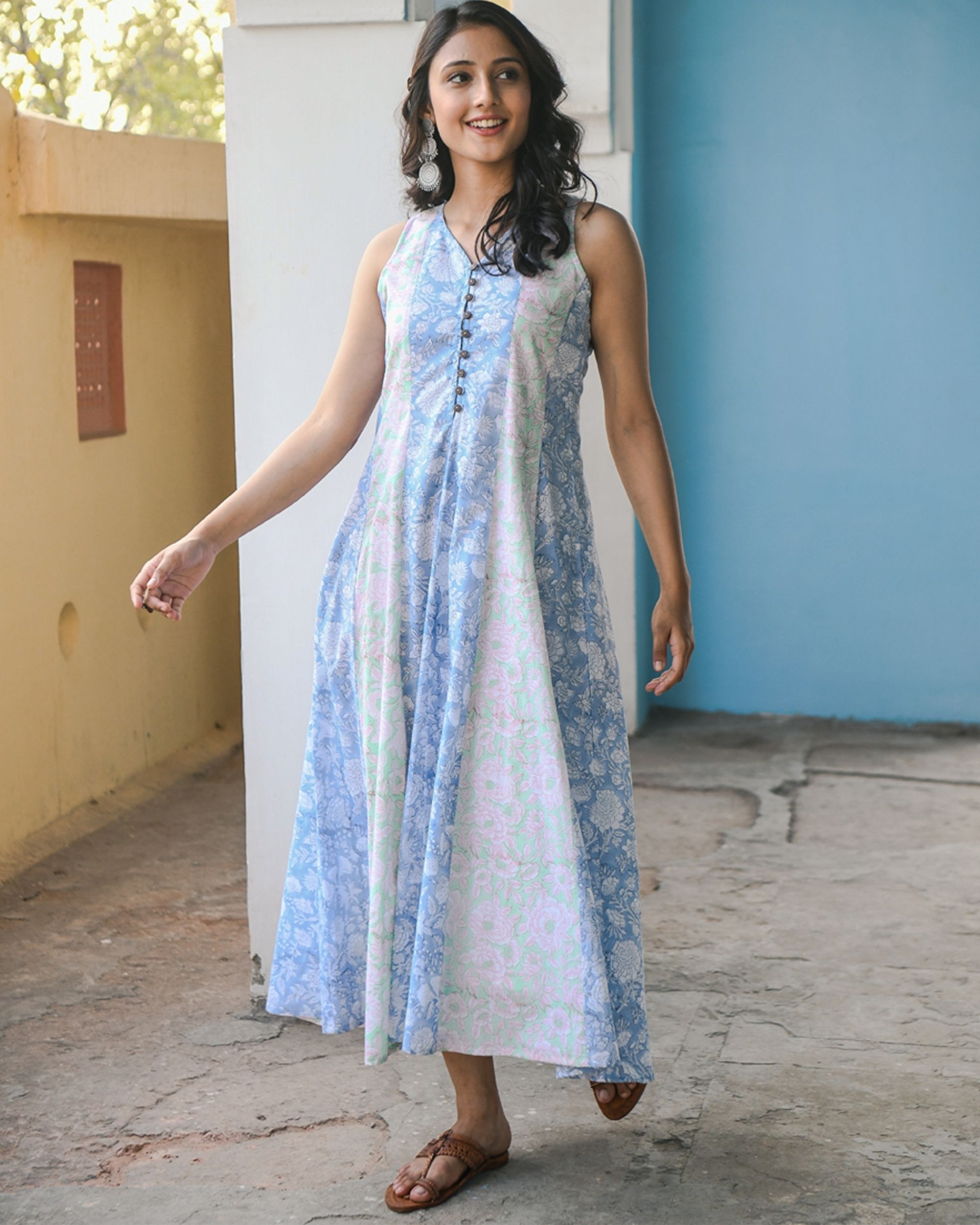 Blue and white floral paneled maxi dress by Gulaal | The Secret Label