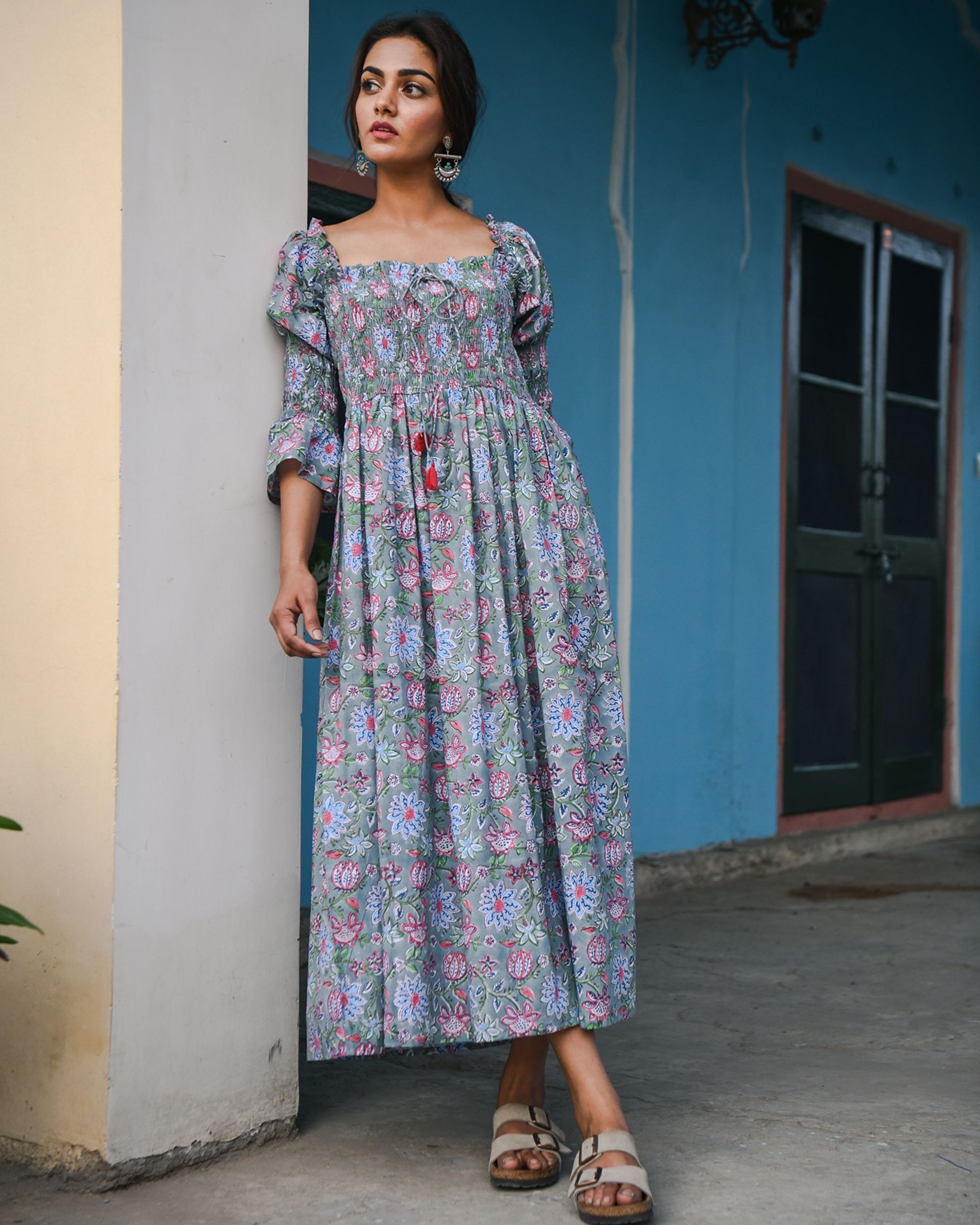 Grey printed smocked dress by Gulaal | The Secret Label