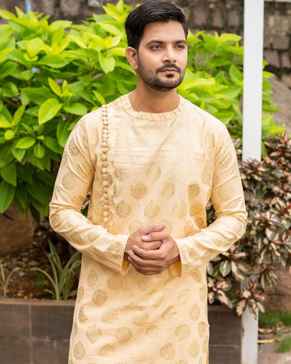 Beige linen cotton side button kurta 1