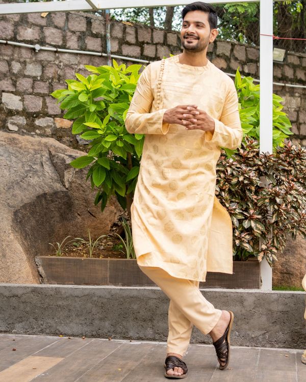Beige linen cotton side button kurta 2