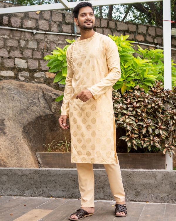 Beige linen cotton side button kurta 3
