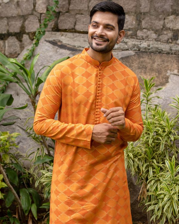 Orange and golden printed checkered kurta 1