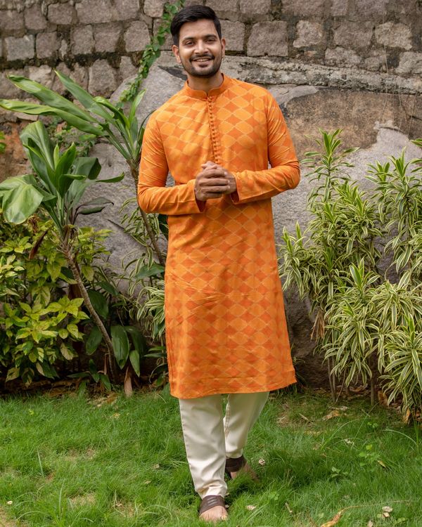 Orange and golden printed checkered kurta 2