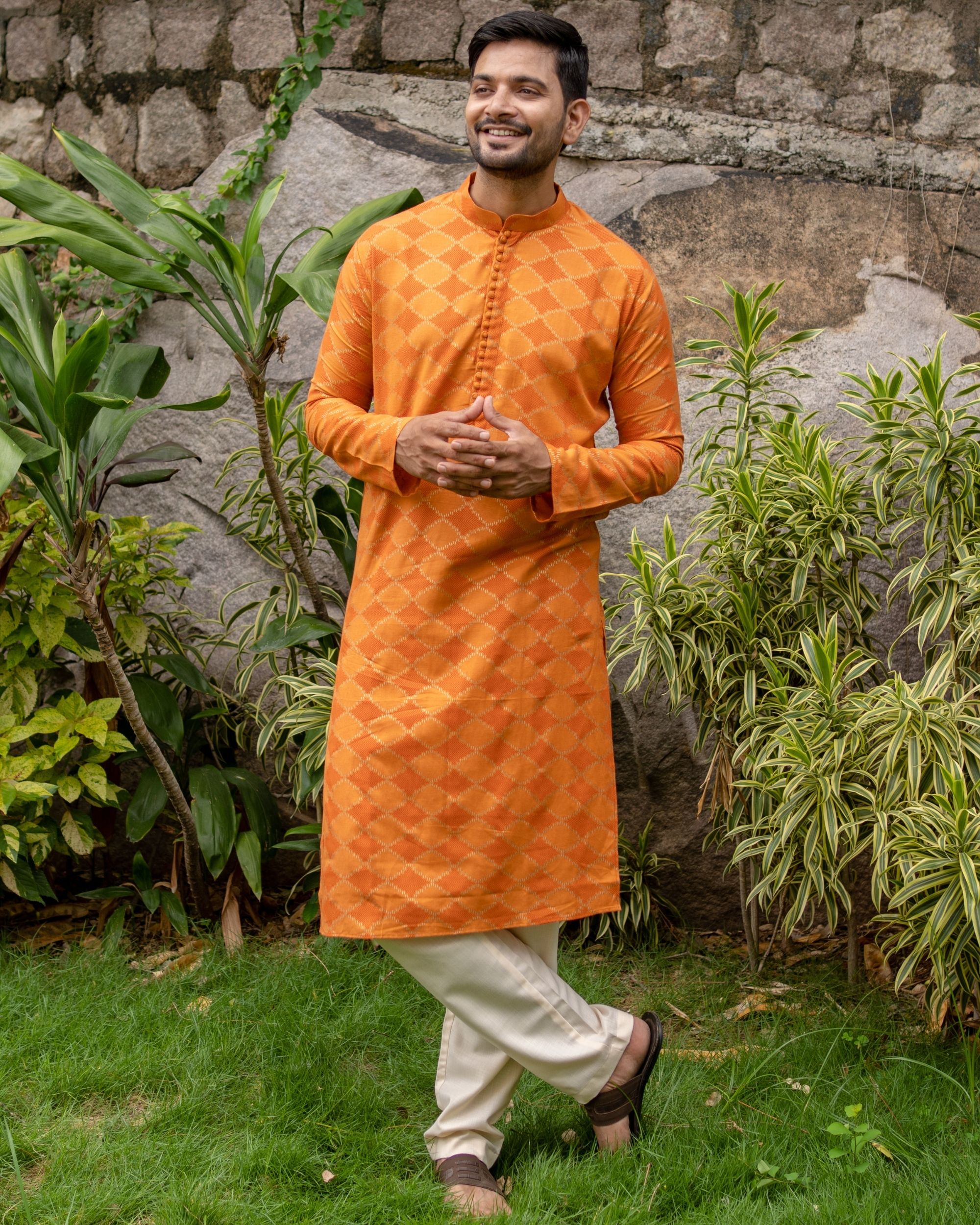 Orange and golden printed checkered kurta by Desi Doree | The Secret Label