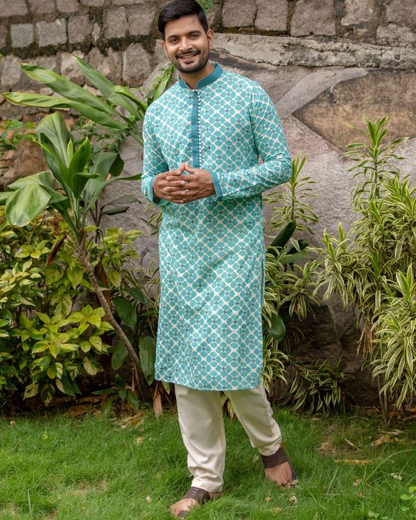 Bluish green printed kurta 3