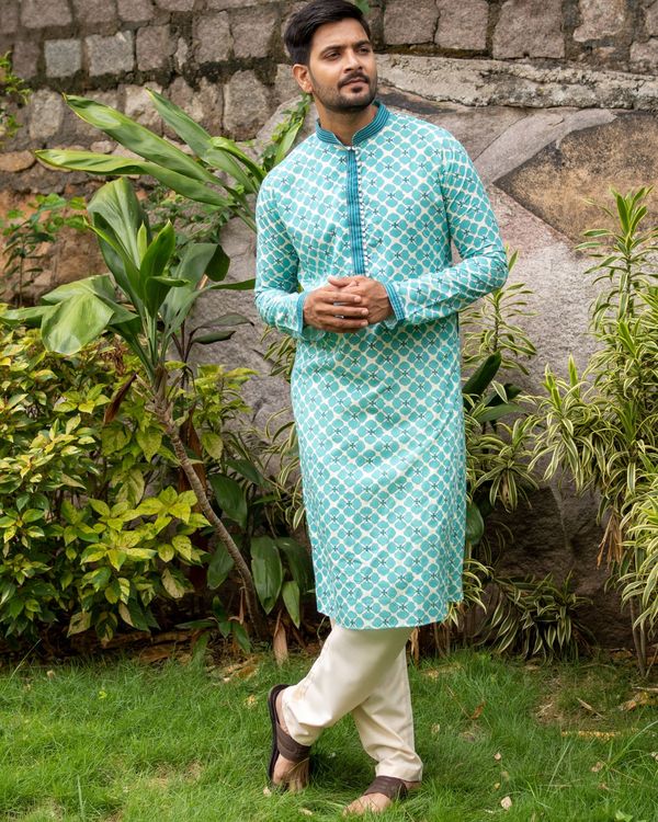 Bluish green printed kurta 4