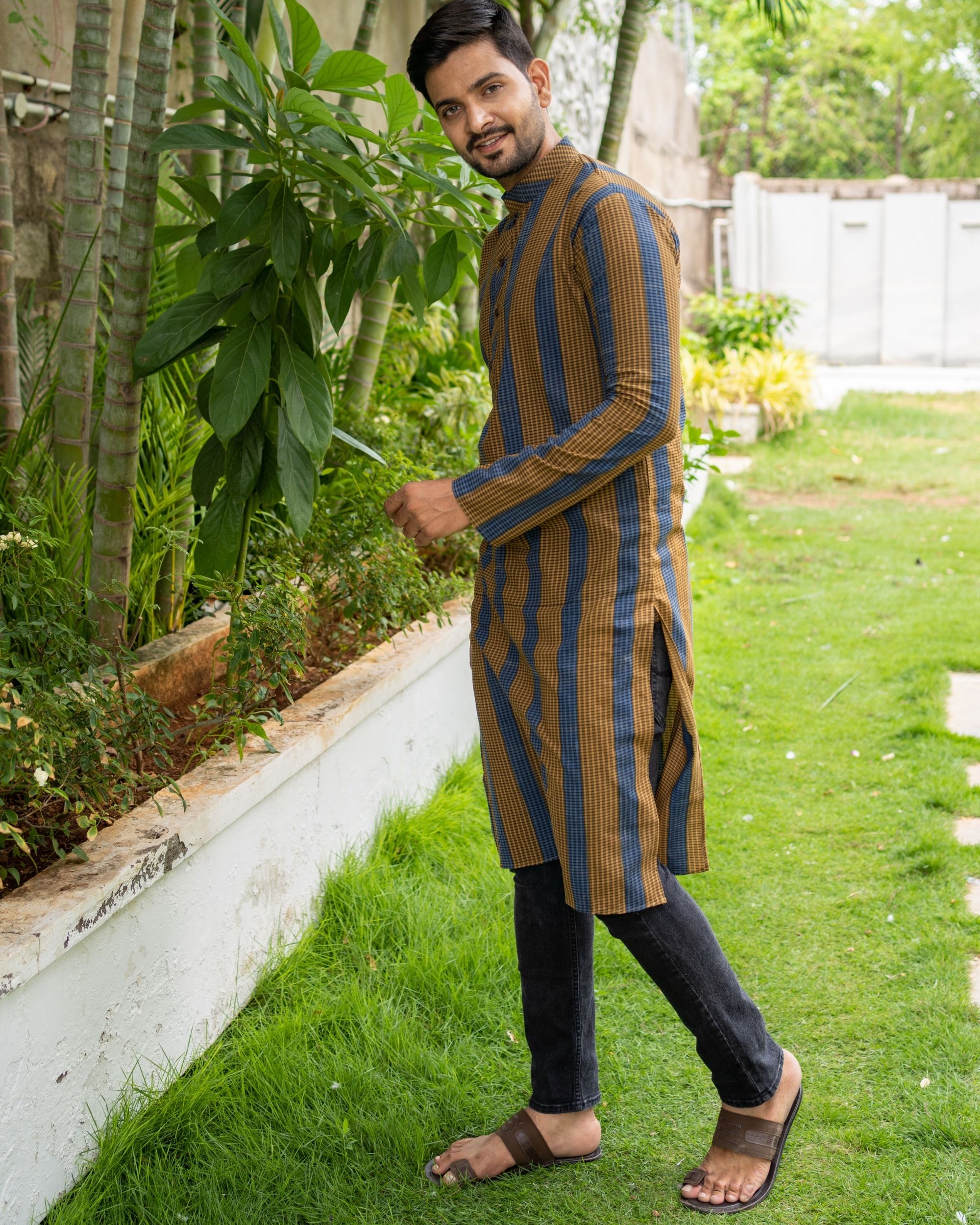 Brown and blue striped kurta with black pants  set of two by Desi Doree   The Secret Label