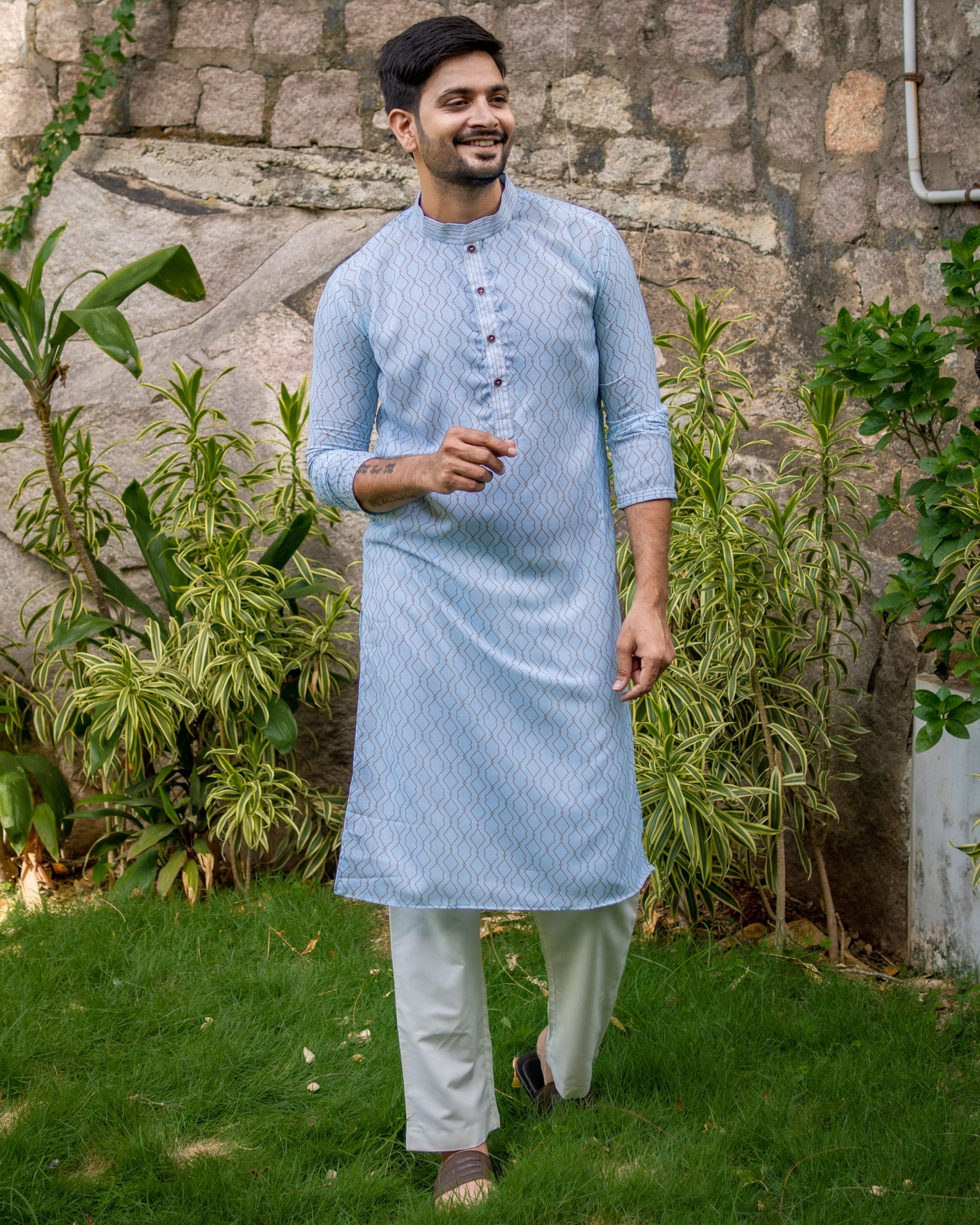 Powder blue jaal printed kurta and off white pants - set of two by Desi  Doree | The Secret Label
