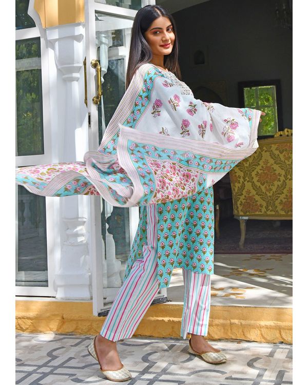 Ice blue buti stripe kurta with pants and dupatta - set of three 1
