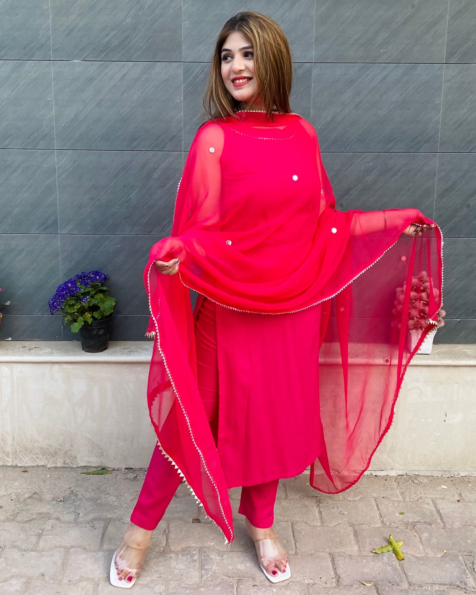 Rani pink mirror kurta with pants and dupatta - set of three by Label ...