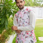 Floral printed nehru jacket with white kurta and pyjama - set of 3