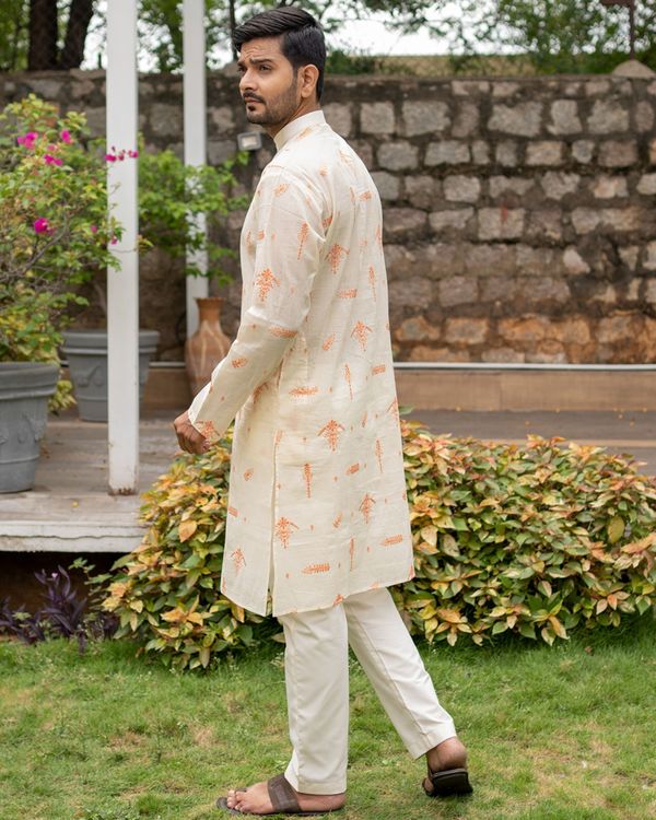 Off white and orange embroidered kurta and pyjama - set of 2 3