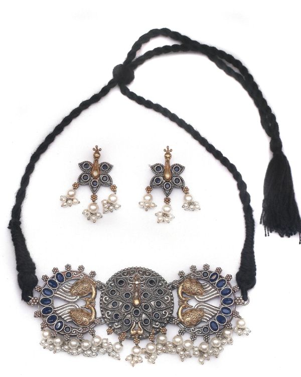 Peacock and pearl dual tone choker and earring - set of two 1