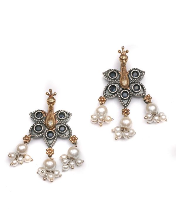 Peacock and pearl dual tone choker and earring - set of two 2