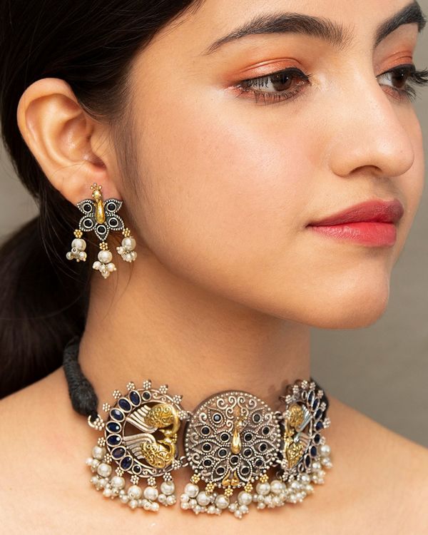 Peacock and pearl dual tone choker and earring - set of two 3