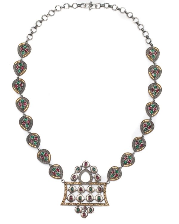 Leaf motif dual tone necklace and jhumka with red and green stones - set of two 1