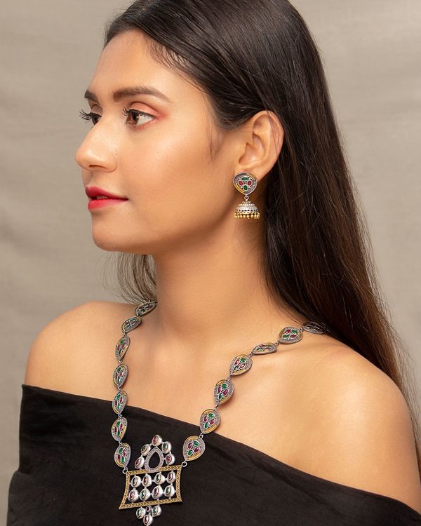 Leaf motif dual tone necklace and jhumka with red and green stones - set of two 2