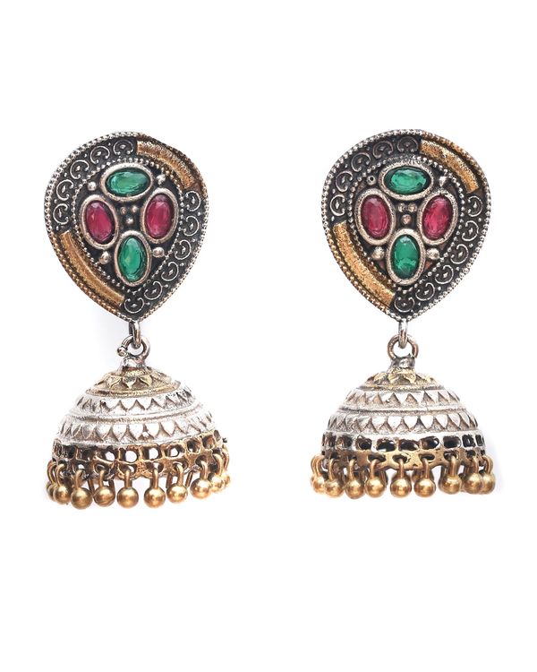 Leaf motif dual tone necklace and jhumka with red and green stones - set of two 3