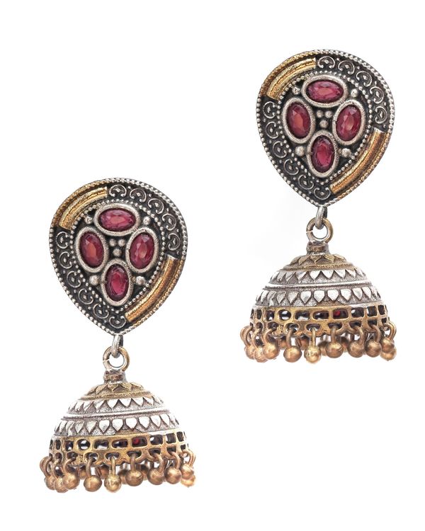 Leaf motif dual tone necklace and jhumka with red stones - set of two 1