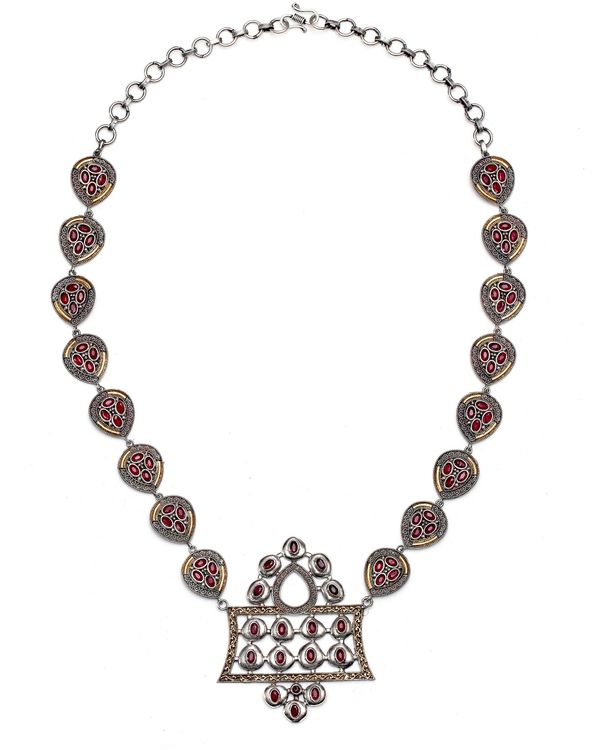 Leaf motif dual tone necklace and jhumka with red stones - set of two 2