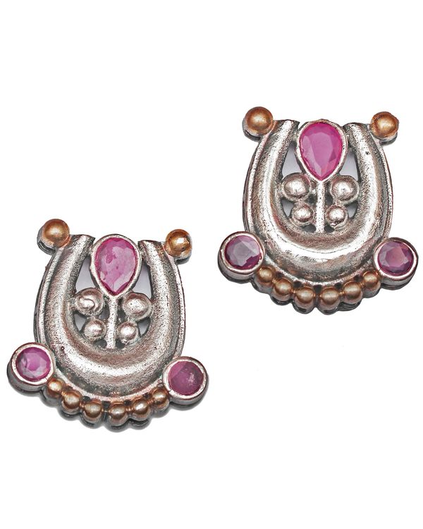 Dual toned necklace and earring with red stones - set of two 2